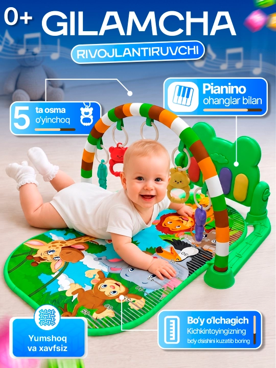 Bolalar uchun pianino va osma oʻyinchoqlarga ega rivojlantiruvchi musiqa gilamchasi - 