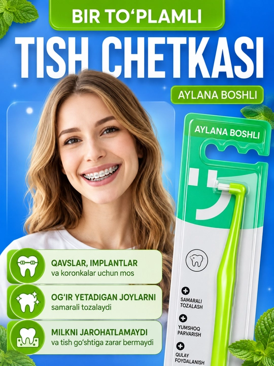 Breket va tishlararo tirqishlar uchun bir tutamli tish cho‘tka, tekis tutamli - 