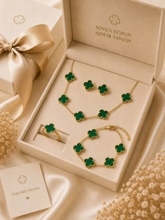 Ayollar, qizlar uchun premium 4 tasi 1 da to‘plam, zanjir, uzuk (16-20), bujiteriya, Van Cleef