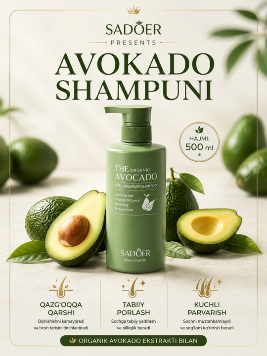 SADOER Organic Avocado Anti-Dandruff Shampoo — шампунь против перхоти с авокадо, 500 мл