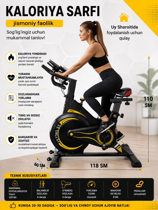 RUNEX SPORT KGN uy sharoitida mashq qilish uchun velosiped, fitnes uskunalari - 