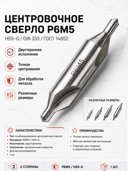 Профессиональное центровочное сверло Р6М5 для точного центрования и начала сверления