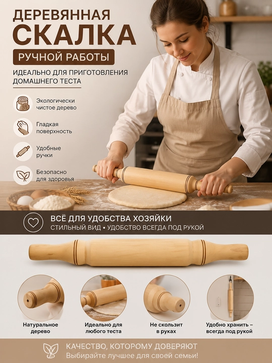 Деревянная скалка для раскатки теста, 37 см - 