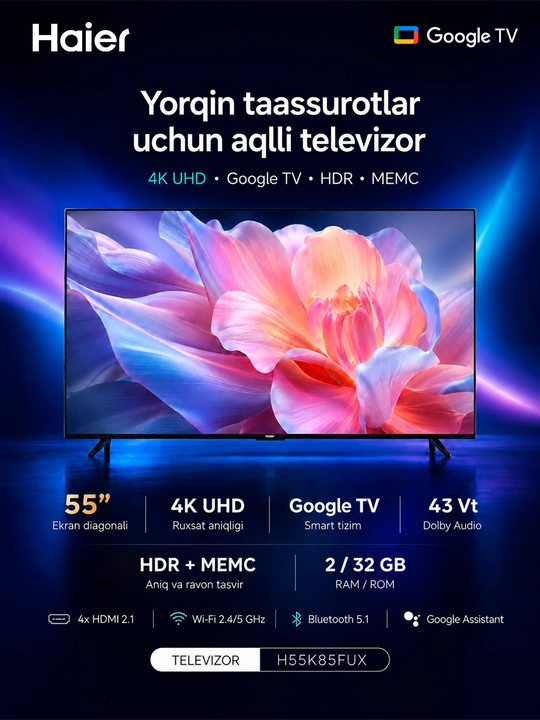 Smart televizor Haier H55K85FUX, 55" (139 sm), 4K Ultra HD, Google TV