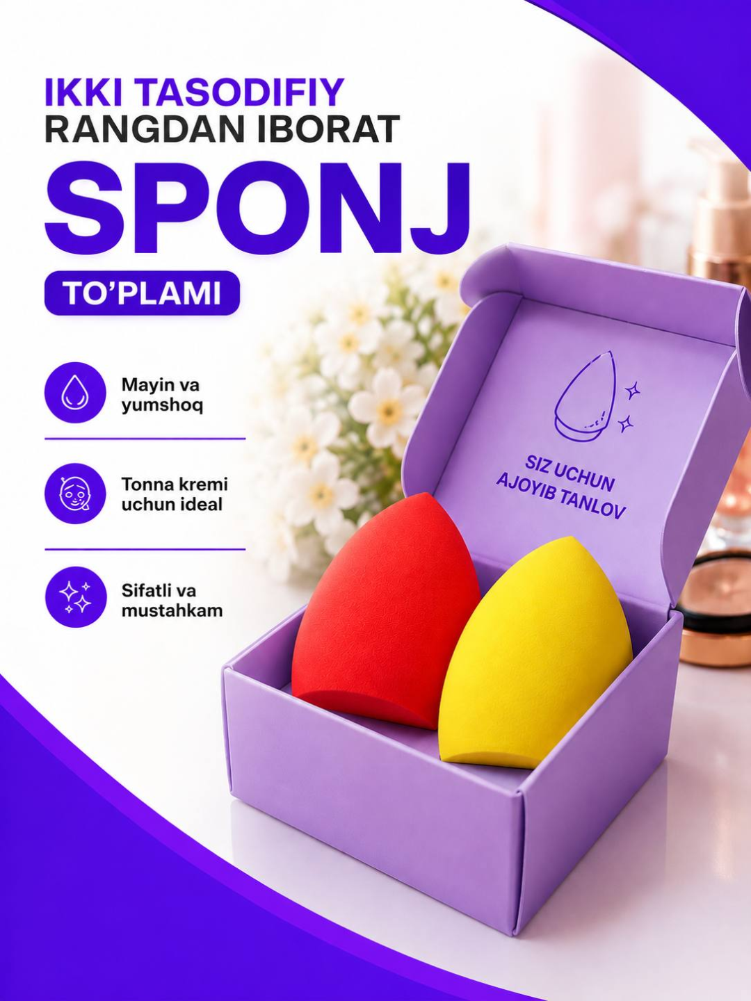 Mayin va sifatli makiyaj sponji to'plami, pardoz va parvarish uchun, 2 dona - 