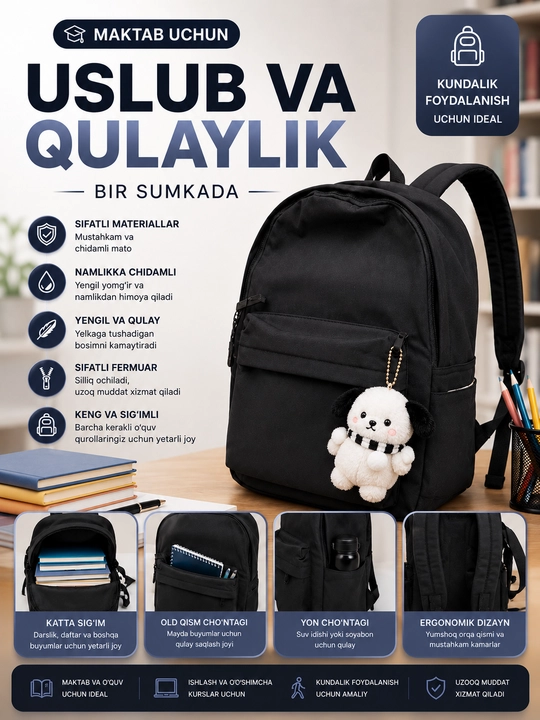 Erkaklar uchun suv o‘tkazmaydigan noutbuk va USB sumkasi, maktab uchun