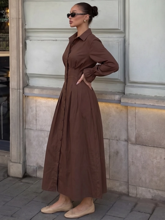 Платье женское длинное макси, приталенное платье-рубашка на пуговицах — ELLY FASHION