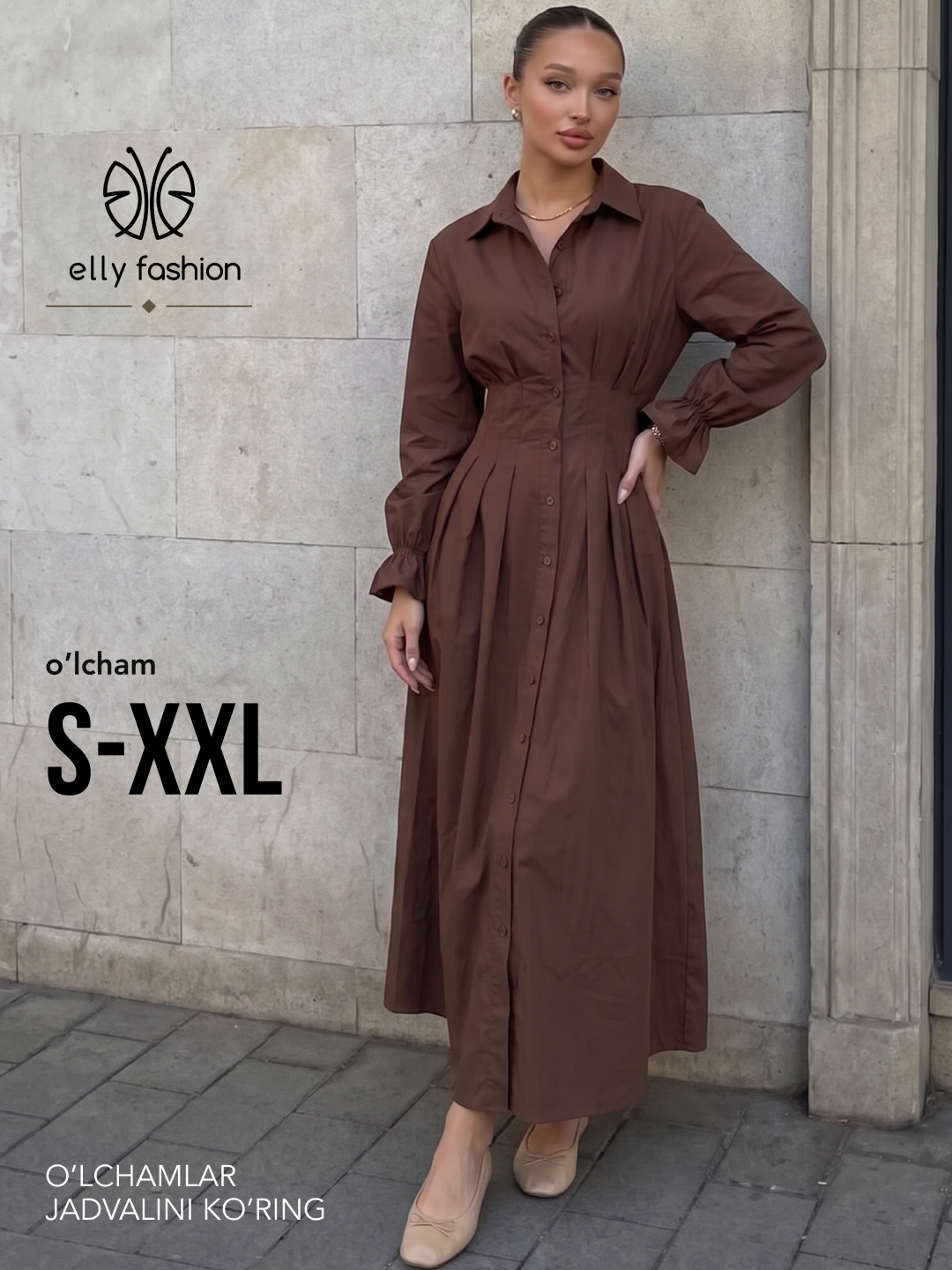 Платье женское длинное макси, приталенное платье-рубашка на пуговицах — ELLY FASHION
