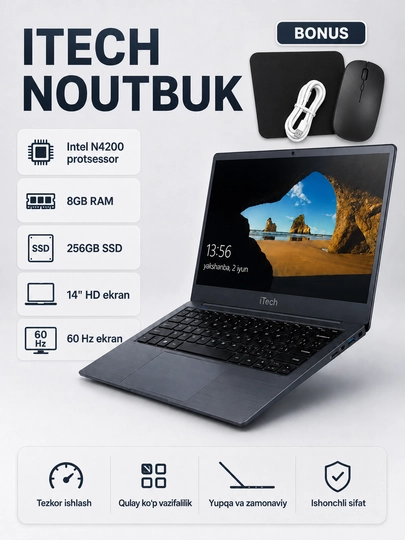 Windows o‘rnatilgan ofis, uy, o‘qish va ish uchun iTech noutbuki - 