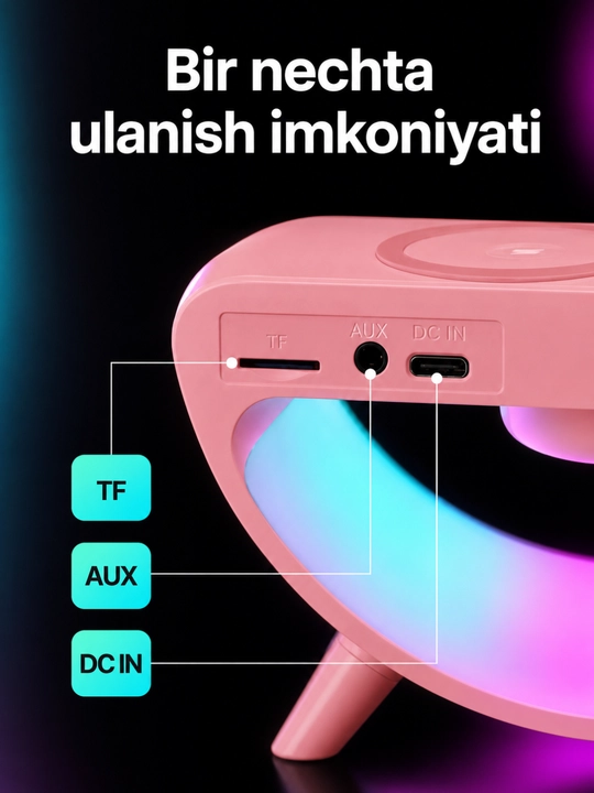 G-shaklli aqlli kolonka, Bluetooth 5.0, soat, RGB chiroq va simsiz zaryadlash