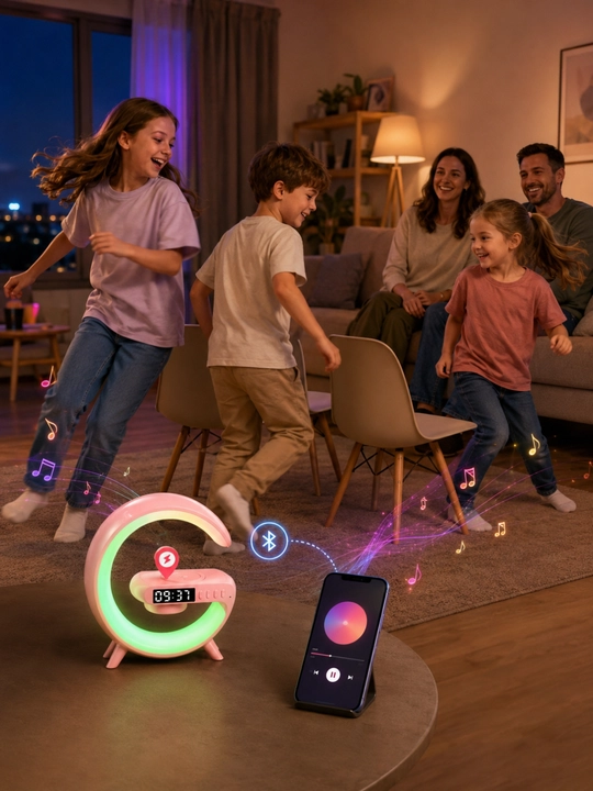 G-shaklli aqlli kolonka, Bluetooth 5.0, soat, RGB chiroq va simsiz zaryadlash