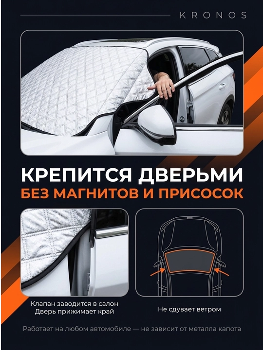 Накидка на лобовое стекло KRONOS от солнца и льда универсальная крепление в двери