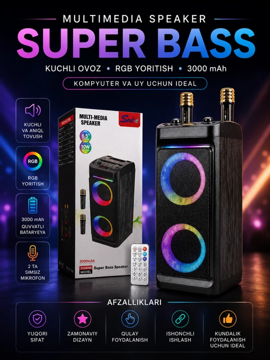 RGB LED, ikkita simsiz mikrofon va pultli 3000 Vt quvvatli Bluetooth karaoke karnay - 