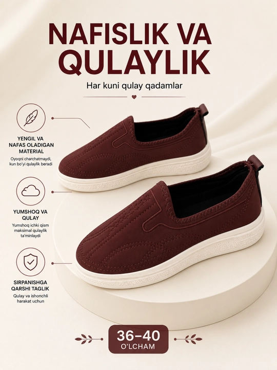 Ayollar sliponlari – qulay kundalik krossovka, yengil nafas oluvchi, 36–40