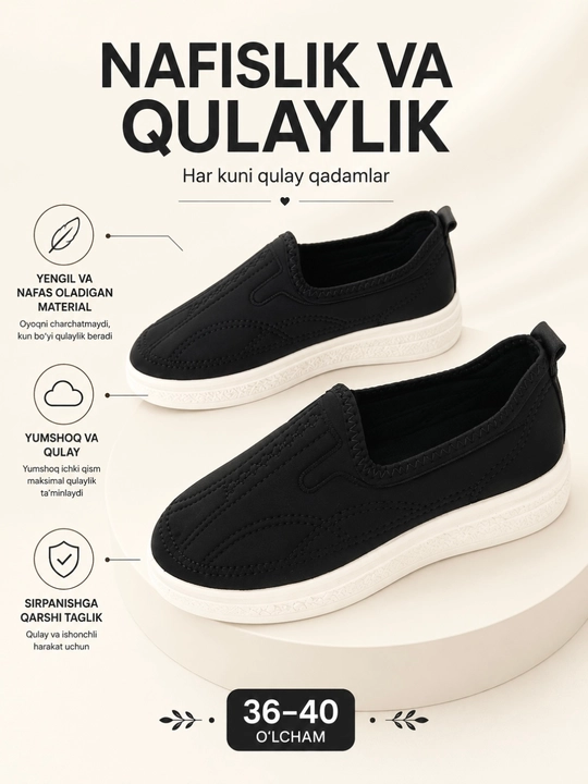 Ayollar sliponlari – qulay kundalik krossovka, yengil nafas oluvchi, 36–40