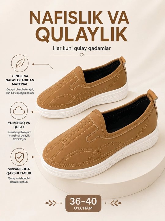 Ayollar sliponlari – qulay kundalik krossovka, yengil nafas oluvchi, 36–40