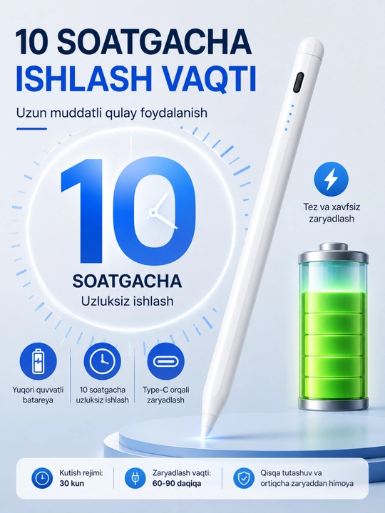 Elektron ruchka stilus, Type-C, 10 soatgacha ishlash, iOS Android Windows uchun