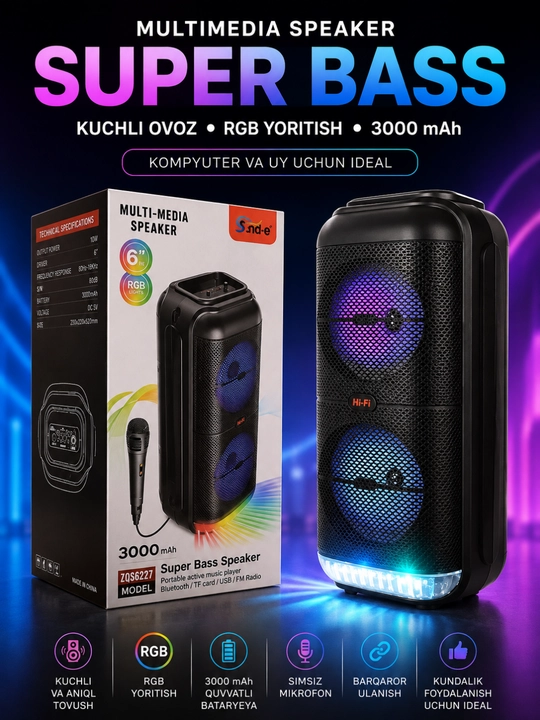 RGB LED, mikrofon va USB/TF bilan jihozlangan 3000 Vt quvvatli premium Bluetooth karaoke karnay - 