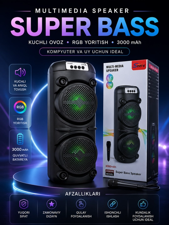 3000W Bluetooth Karaoke Kolonkasi, RGB LED, Mikrofon va USB/TF Qo‘llab-quvvatlash - 