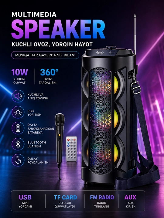 Mikrofon, RGB LED va masofadan boshqarish pulti bilan jihozlangan ZQS4303 Bluetooth karaoke karnay - 