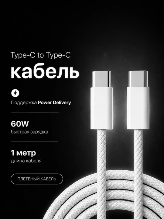 Кабель Type-C — Type-C 60W для iPhone 15/16 Pro, Pro Max — для быстрой зарядки - 
