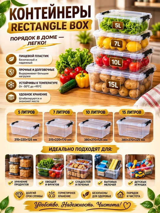Набор пластиковых контейнеров Rectangle Box 4 шт  5, 7, 10 и 15 литров - 