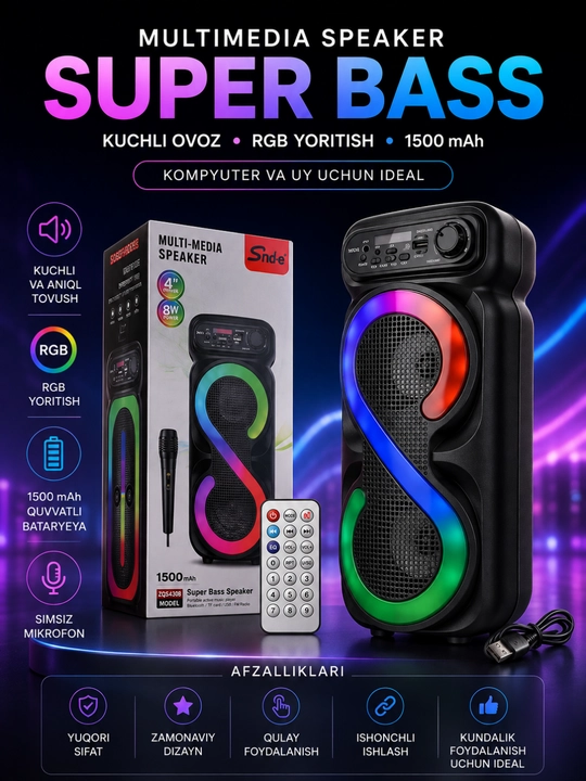 Mikrofon, RGB LED va DU pulti bilan jihozlangan ko‘p funksiyali Bluetooth karaoke karnay - 