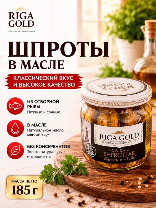 Stek — yog‘dagi shprotlar, Riga Gold  185 gr - 
