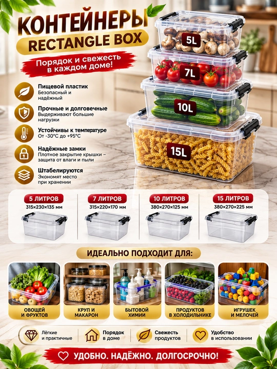 Qopqoqli plastik saqlash konteynerlari to‘plami 5/7/10/15 L  4 don - 