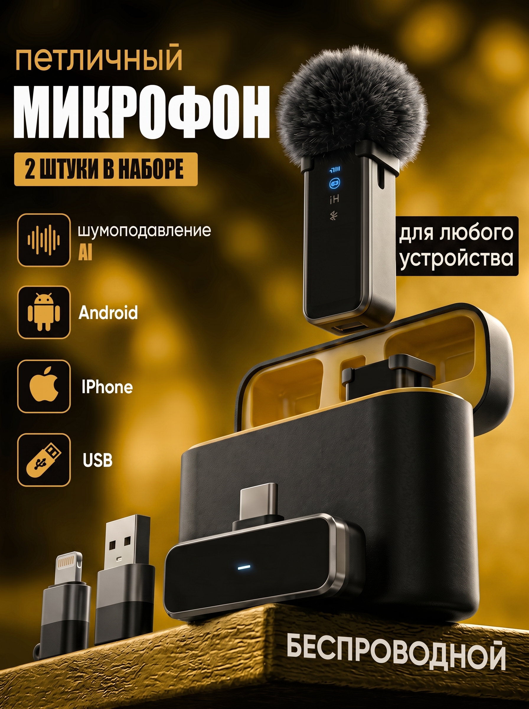 Беспроводной микрофон для телефона с шумоподавлением, петличка для iPhone и Android - 