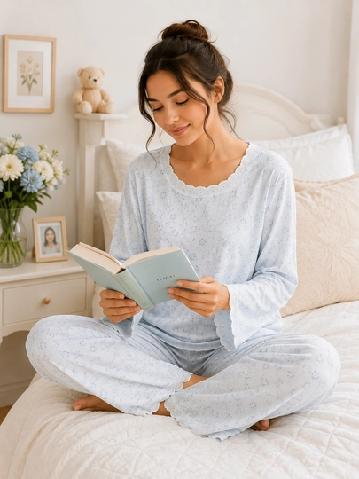 Pijama, ayollar uchun pijama, 100% paxtali tungi kiyim, uzun yengli uy kiyimi,tungi pijama