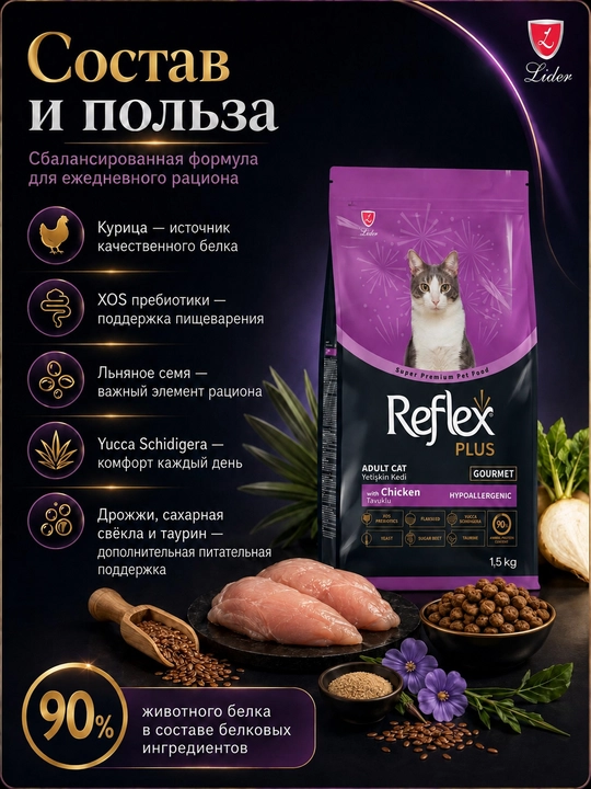 Reflex Plus Сухой корм  с курицей (цветные гранулы) для взрослых кошек 15 кг