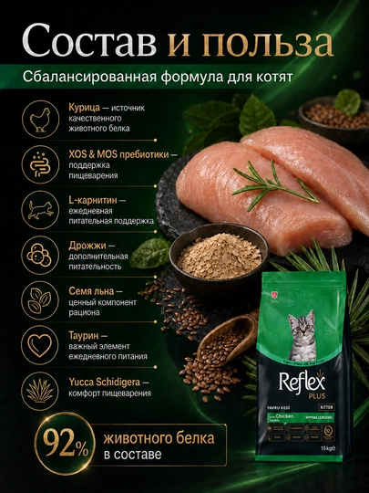 Reflex Plus Kitten Сухой корм с курицей  для котят от 2 до 12 месяцев 15 кг