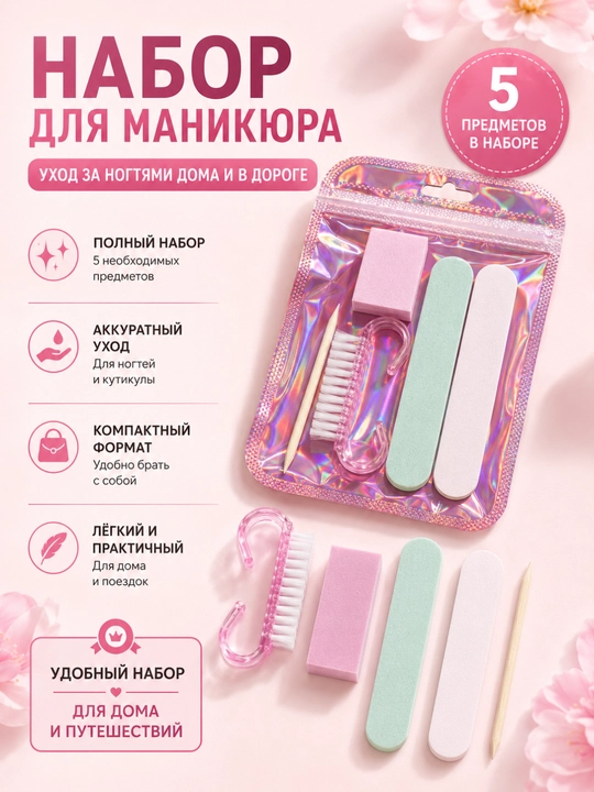 Набор для маникюра и педикюра 5 предметов, пилка, щётка, палочка - 