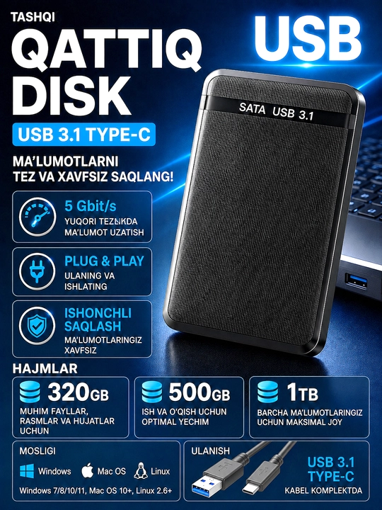 Tashqi HDD 2.5 dyuym, USB 3.0 Type-C, 320GB / 500GB / 1TB, portativ qattiq disk - 