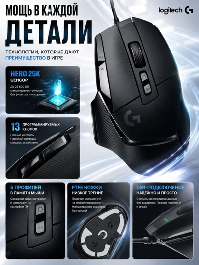 Мышка игровая Logitech G502 X, проводная, HERO 25K, 25600 DPI, 89 г