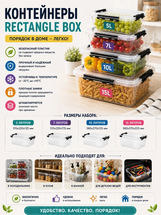 4 talik Rectangle Box konteyner nabori — 5 L + 7 L + 10 L + 15 L - 