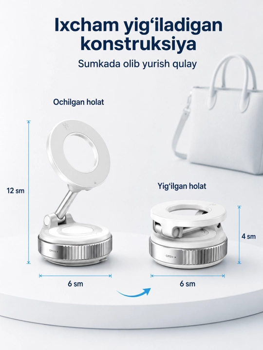 Telefon uchun magnitli vakuum tutqich, yig‘iladigan va burchagi sozlanadigan - 