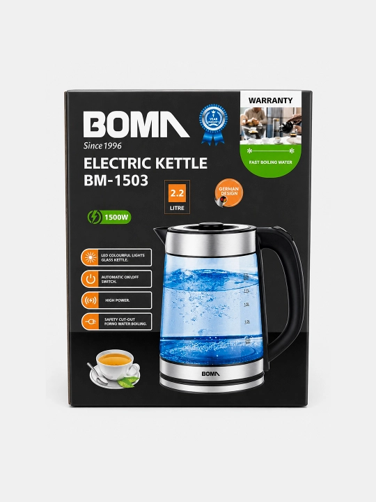 Elektr choynaglar BOMA 1500Vt, shisha, po'lat va sensorli displey 2-2,5 litr, LED va 360°