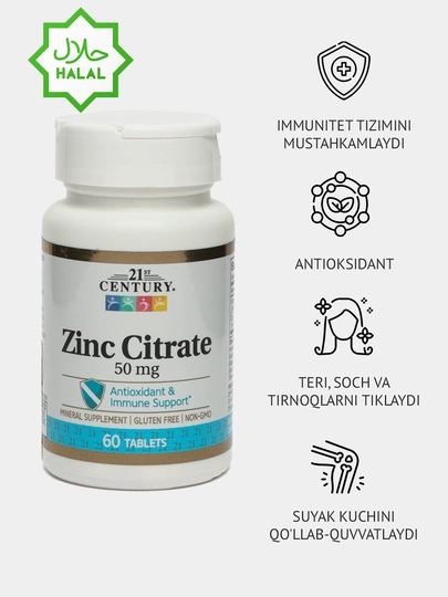 Vitaminlar Zinc Citrate 21st Century, 50 mg, 60 kapsula - 