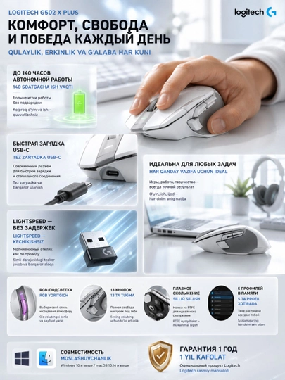Мышка игровая Logitech G502 X Plus, беспроводная, HERO 25K, 25600 DPI