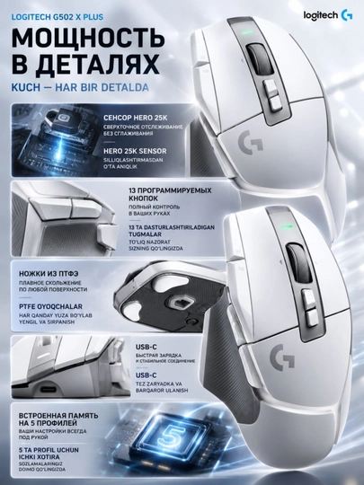 Мышка игровая Logitech G502 X Plus, беспроводная, HERO 25K, 25600 DPI