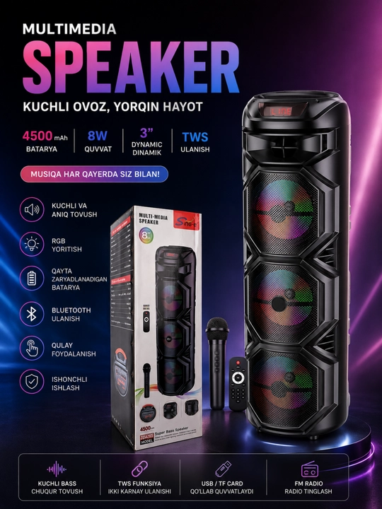 Ko‘p funksiyali Bluetooth karaoke kolonkasi RGB LED, simsiz mikrofon va pult bilan - 