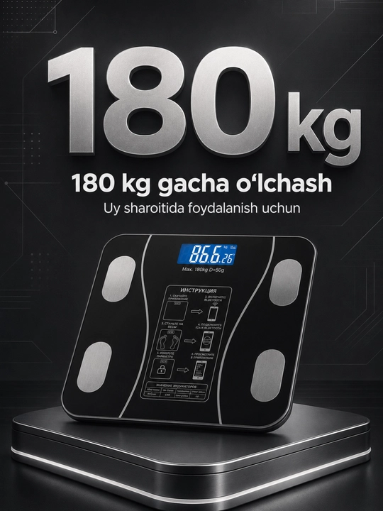 Aqlli elektron tarozi 180 kg gacha, Bluetooth va ilova bilan, 26 × 26 sm