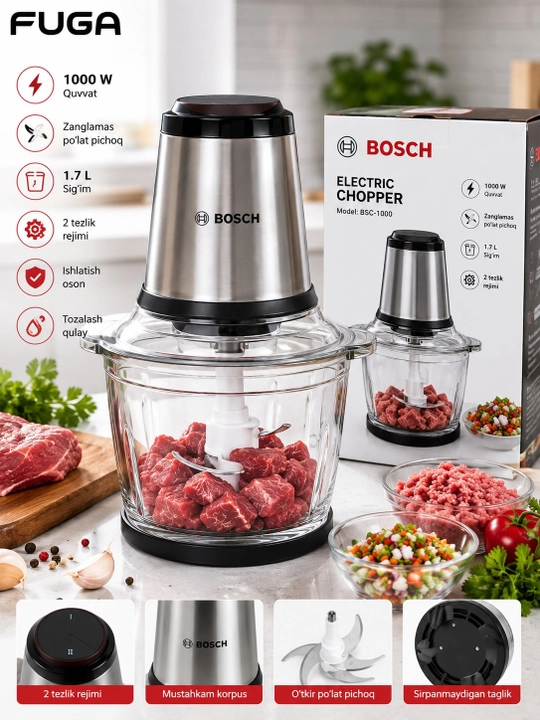 Bosch Chopper, elektr maydalagich, go‘sht qiymalagich, 3,5 litr, sovg‘a ichida