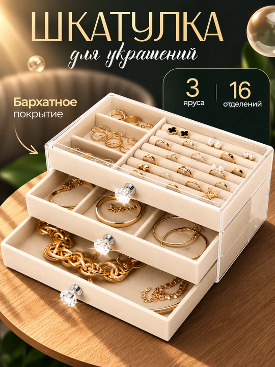 Прозрачный органайзер-шкатулка с 3 отделениями – для украшений, сережек, колец, часов - 