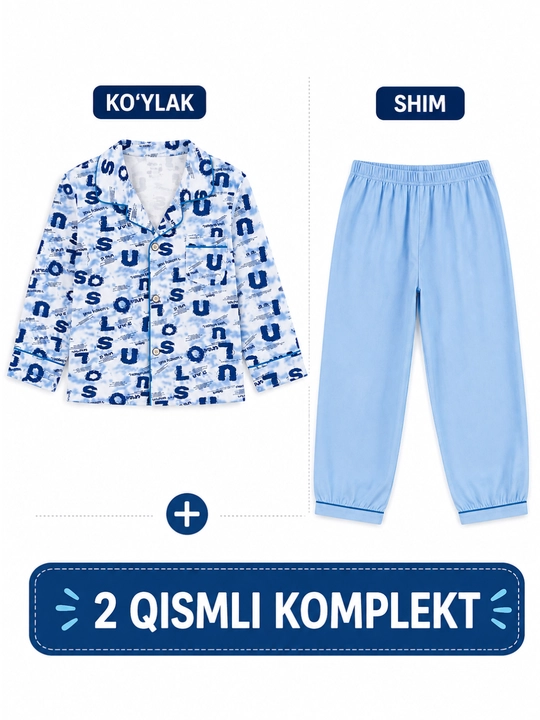 O‘g‘il bola uchun 2 ta buyumdan iborat bolalar to‘plam-bosma naqshli ko‘ylak va ko‘k shim