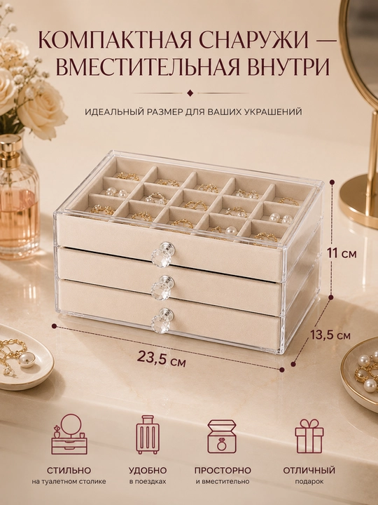 3 bo‘limli shaffof zargarlik quti – shkatulka, aksessuarlar, uzuk, sirg‘a, soat, kosmetika