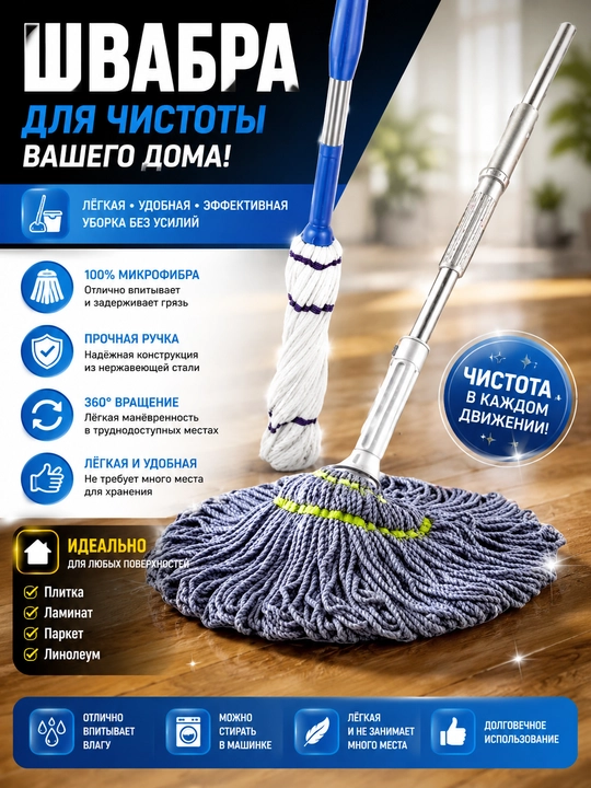 Pol yuvish uchun shvabra, siqish bilan, tozalash uchun, siqish tizimi bilan - 