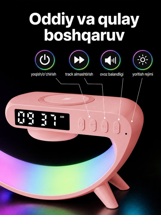 Bluetooth, soat, signal va simsiz quvvatlash bilan RGB tungi karnay